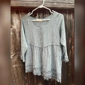 New Johnny Was 4LoveAndLiberty Blue Boho Embroidered Blouse